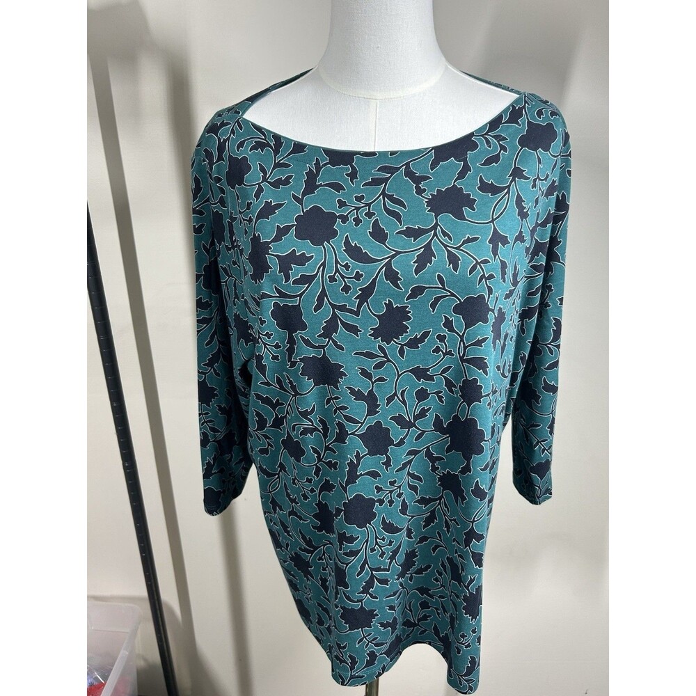 Lands End Womens Pullover Top 20w 22w Green+Navy Floral Print Stretch 072